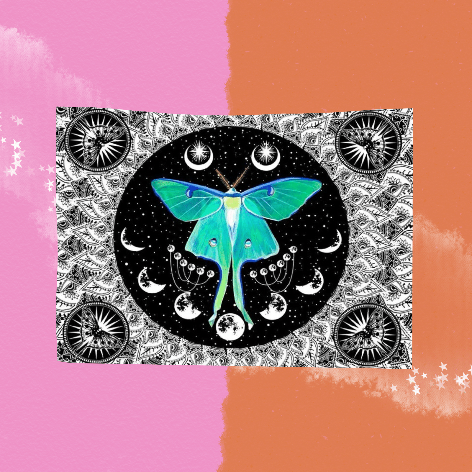 The Celestial Lunar Moth Wall Tapestry on a pink and orange background.