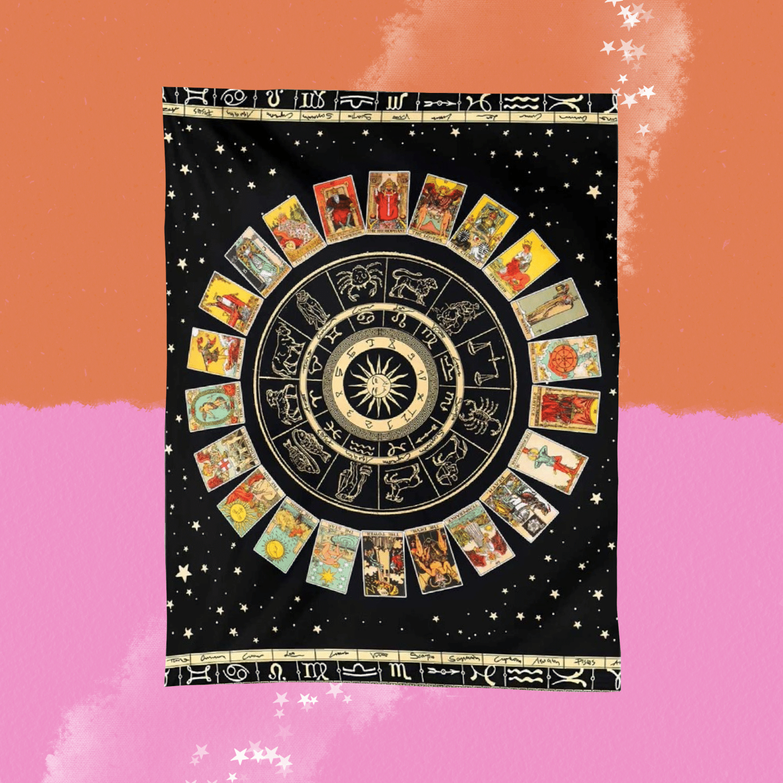 The Mystical Zodiac Wheel & Tarot Card Tapestry on a pink and orange background.