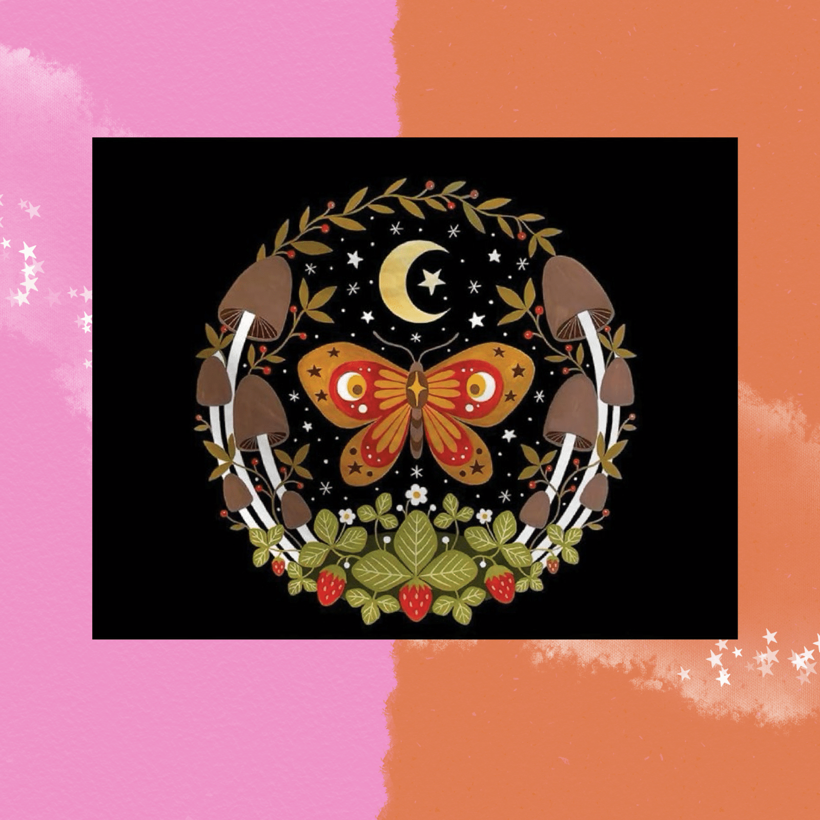 The Retro Reflections Moon Butterfly Tapestry on a pink and orange background.