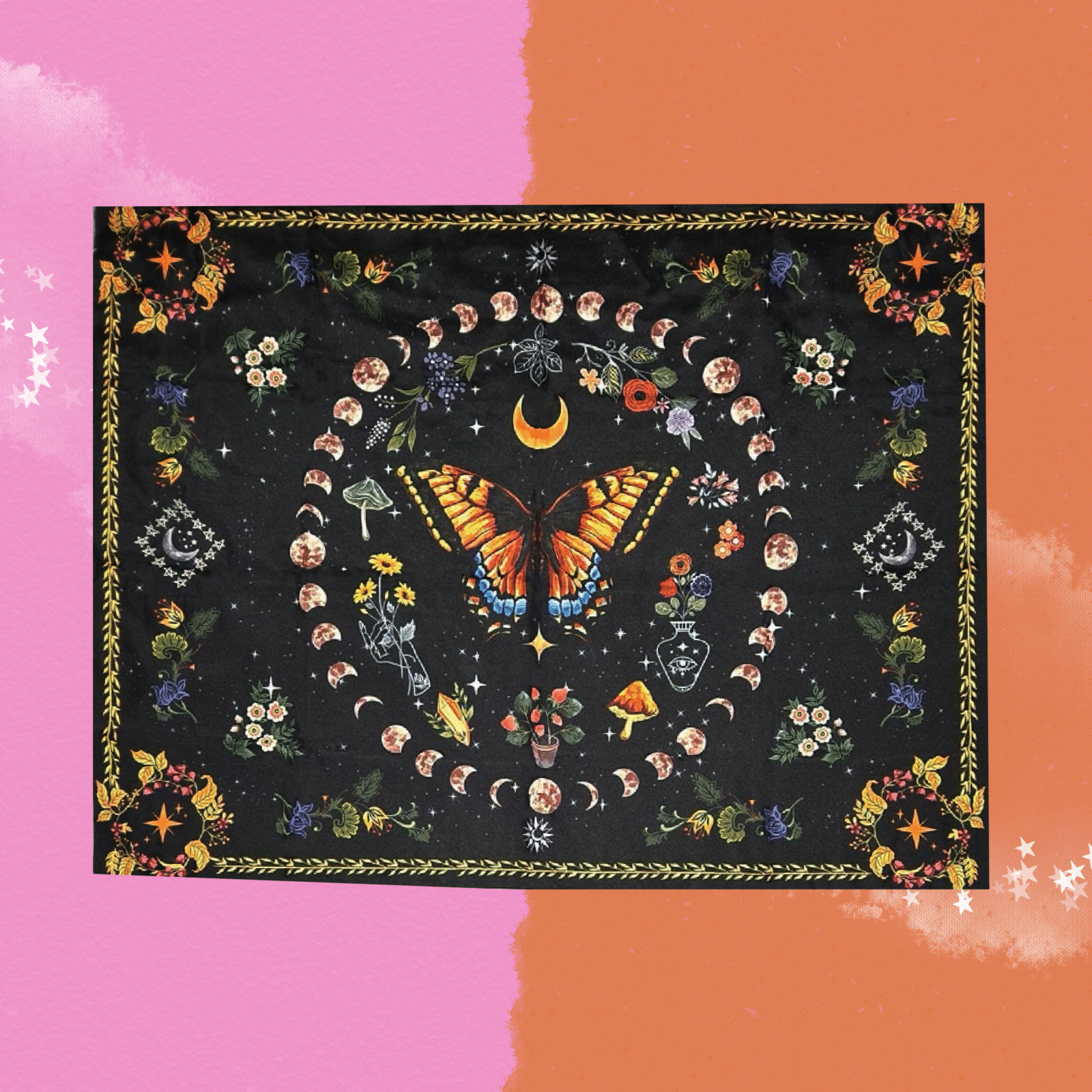 The Black Celestial Butterfly Small Tapestry on a pink and background.