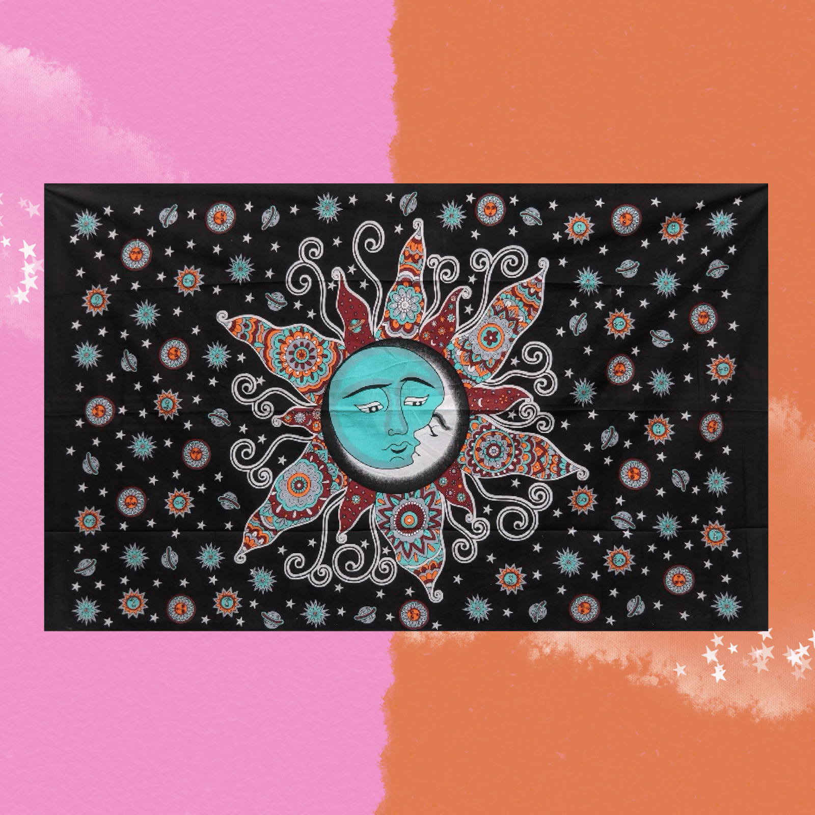 The Sleeping Sun & Moon Cotton Tapestry on a pink and orange background.