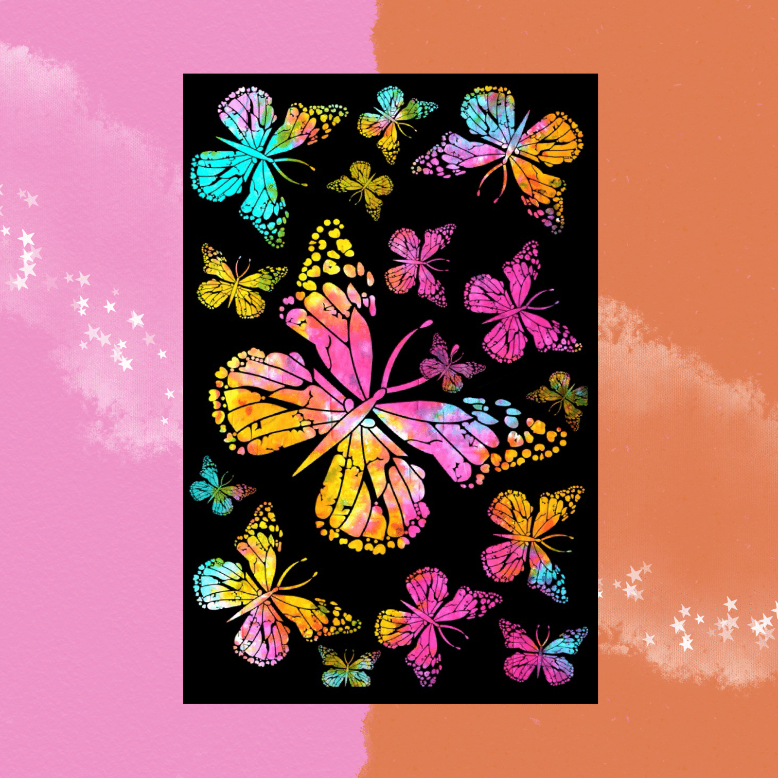 The Multicolor Tie Dye Butterfly Family Cotton Tapestry on a pink and orange background.