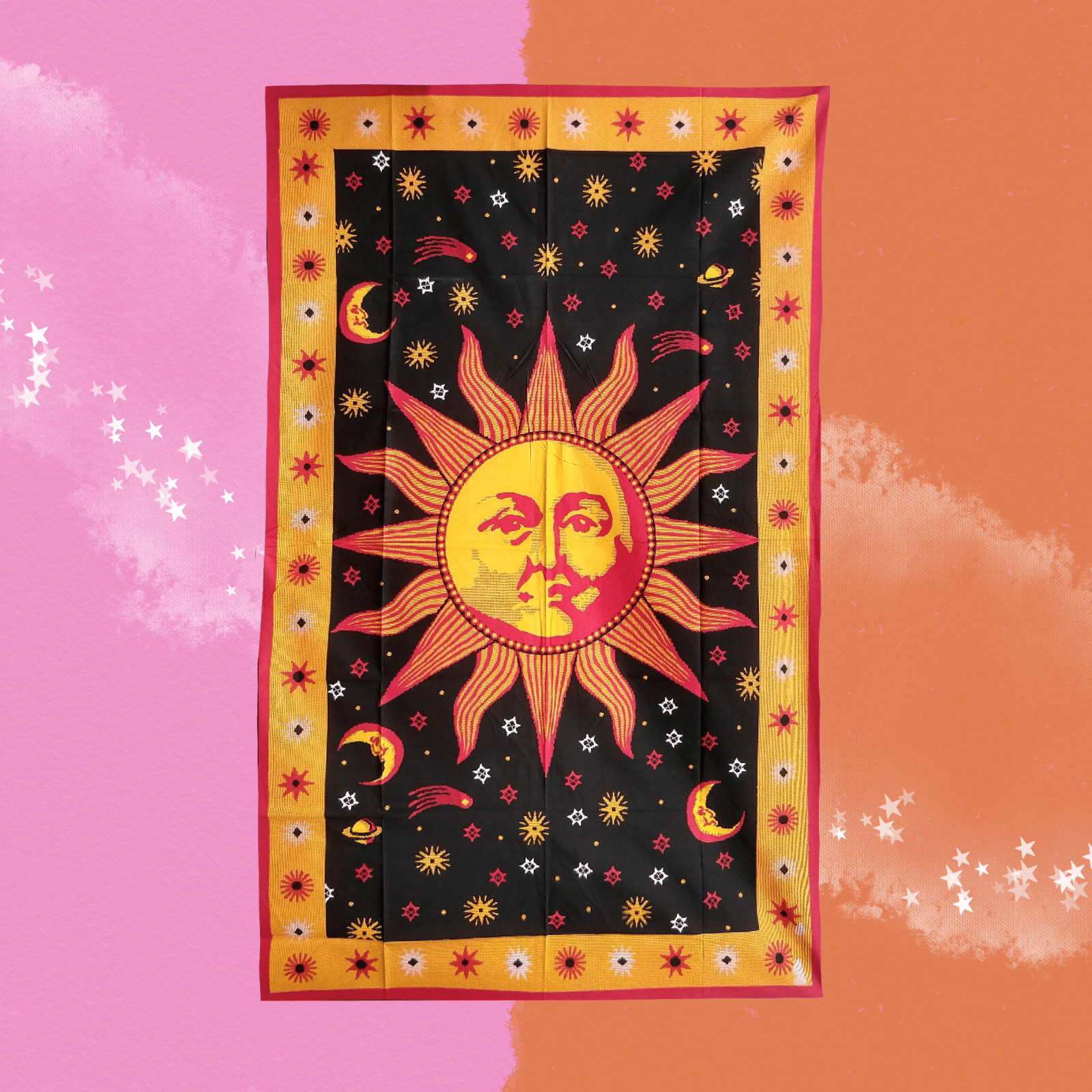 The Sleeping Sun Cotton Tapestry on a pink and orange background.