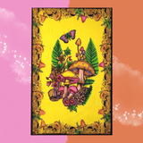 The Hand Brushed Butterfly on Mushroom Gold Cotton Tapestry on a pink and orange background.