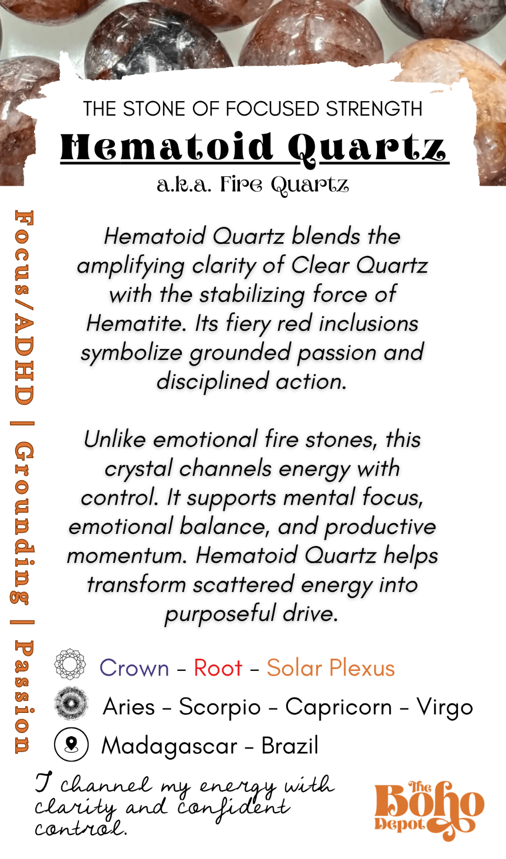 Informational card about Hematoid Quartz with text and crystal energy points.