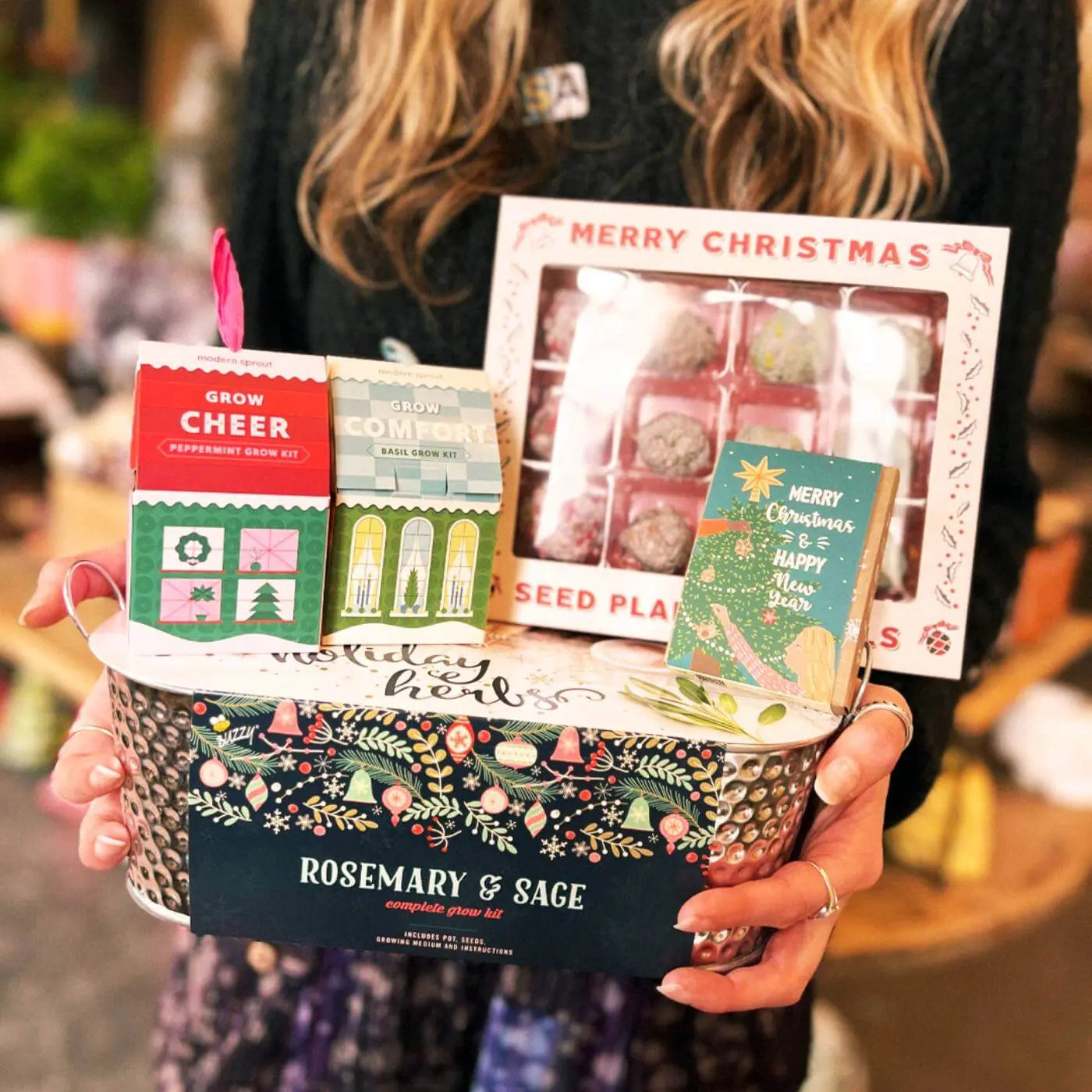 Person holding a gift basket with seed packets and a plant label, featuring Christmas-themed designs.