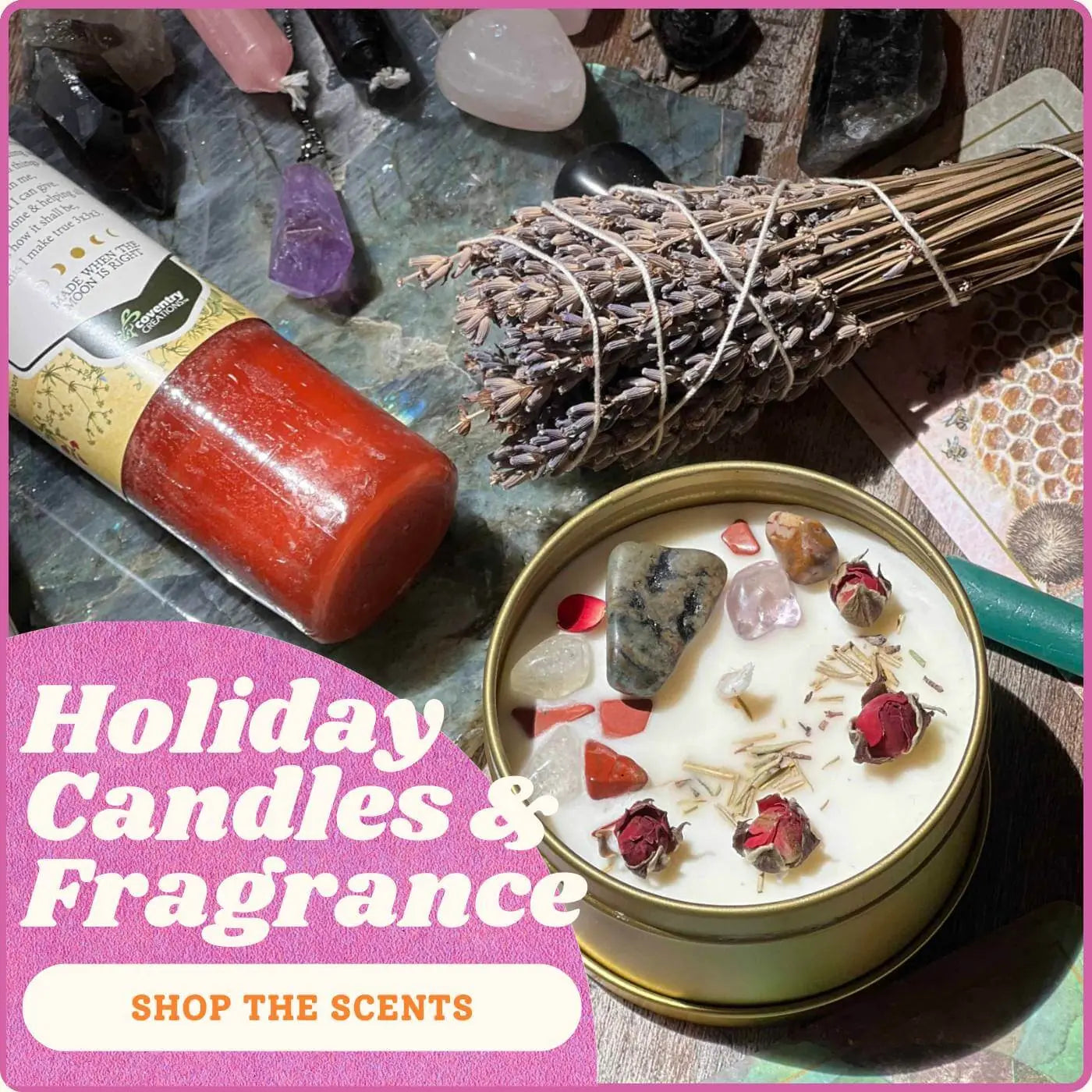 Candle with decorative elements on a table with text overlay 'Holiday Candles & Fragrance'.