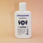 The Hippie Witch Body 4 oz Lotion on a pink and yellow background.