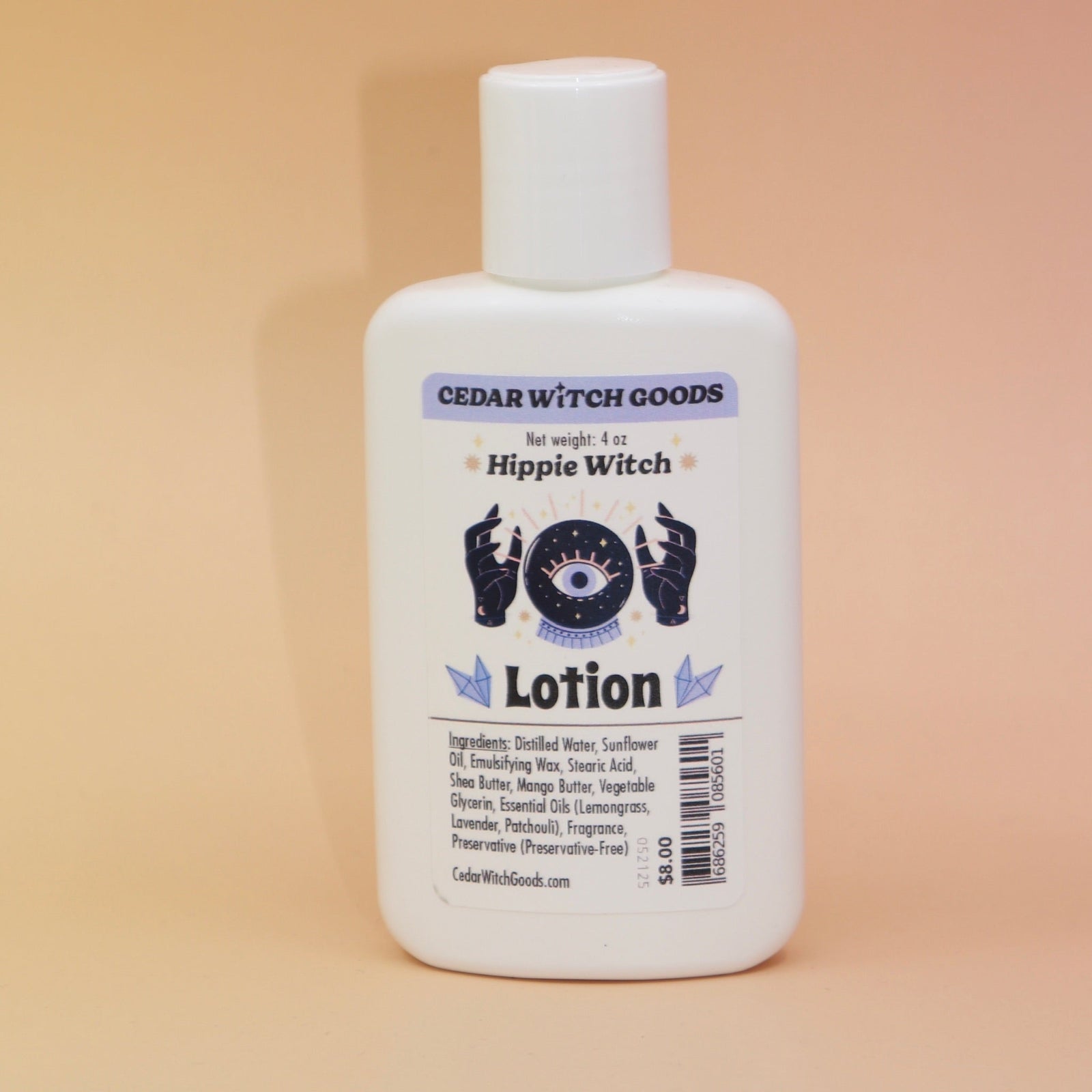The Hippie Witch Body 4 oz Lotion on a pink and yellow background.