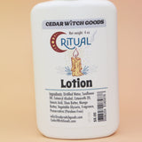 An up-close image of the Ritual Body 4 oz Lotion on a pink and yellow background.