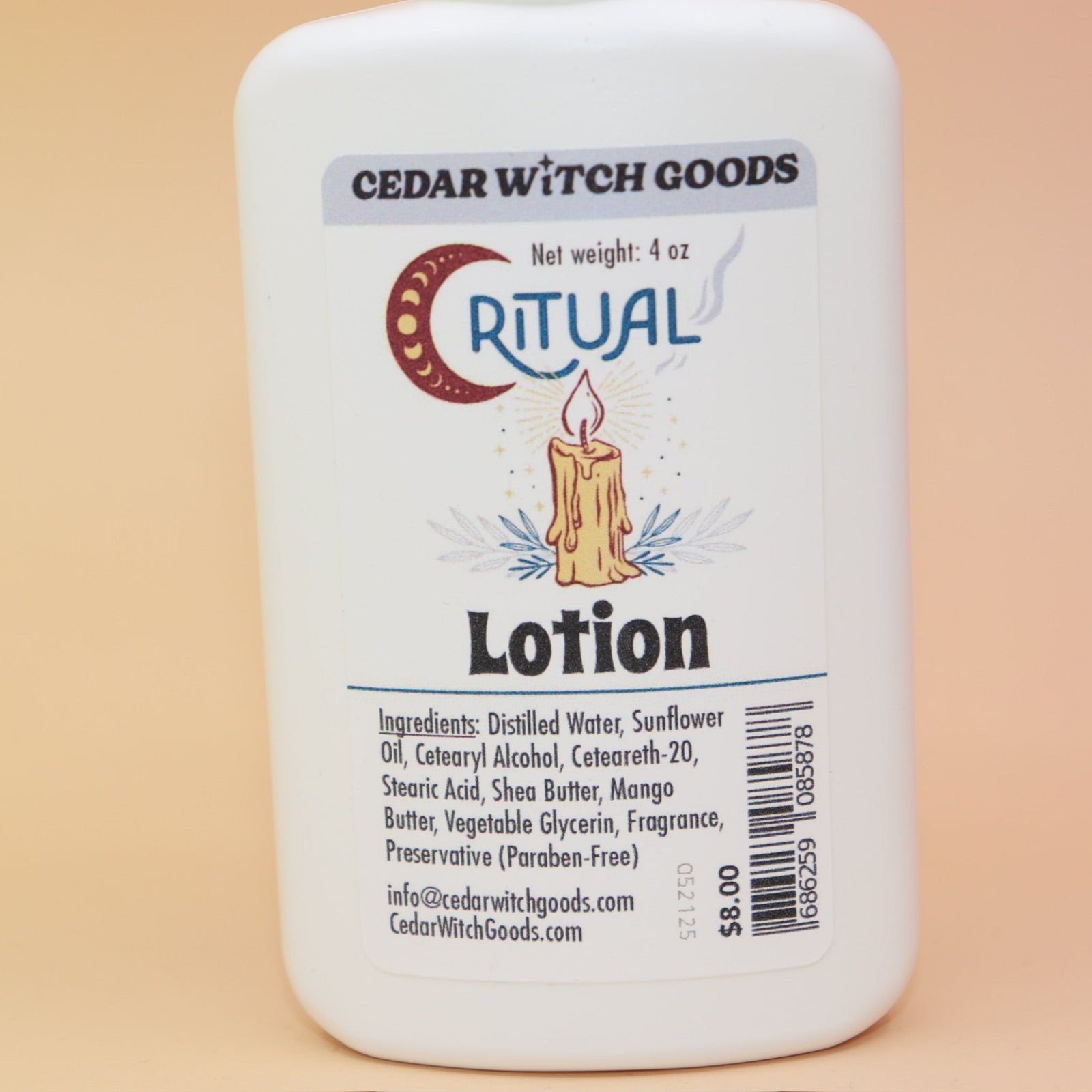 An up-close image of the Ritual Body 4 oz Lotion on a pink and yellow background.