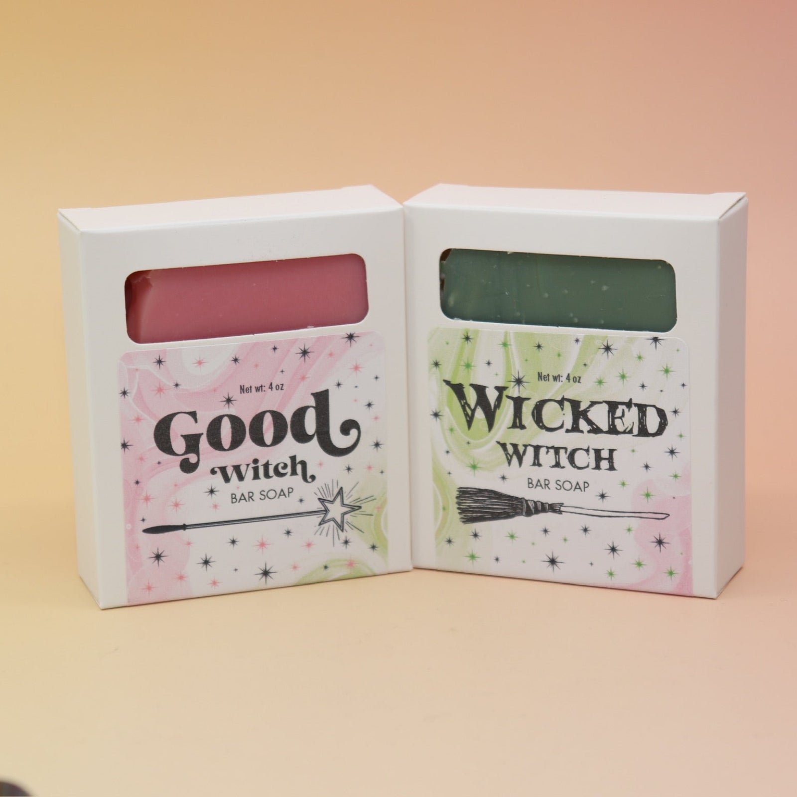 The Good Witch & the Wicked Witch Wicked Themed 4 oz Bar Natural Soaps on a pink and yellow background.