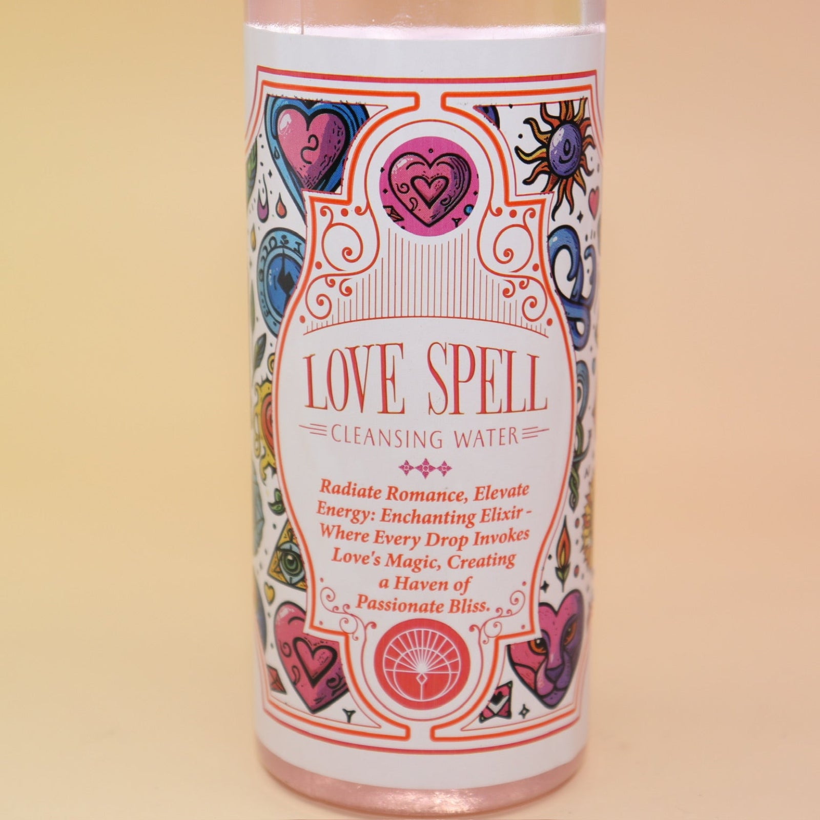 An up-close image of the Love Spell Spiritual Cleansing Water 7.5 oz. on a pink and yellow background.