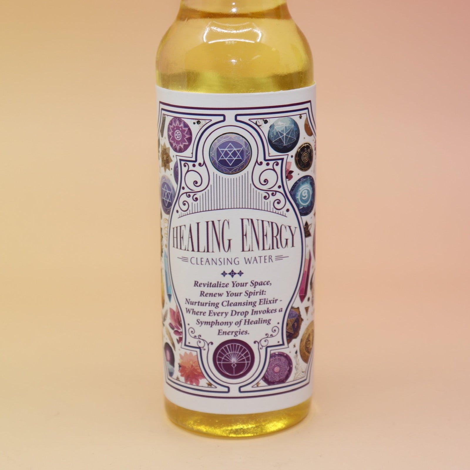 An up-close image of the Healing Energy Cleansing Water 7.5 oz on a pink and yellow background.
