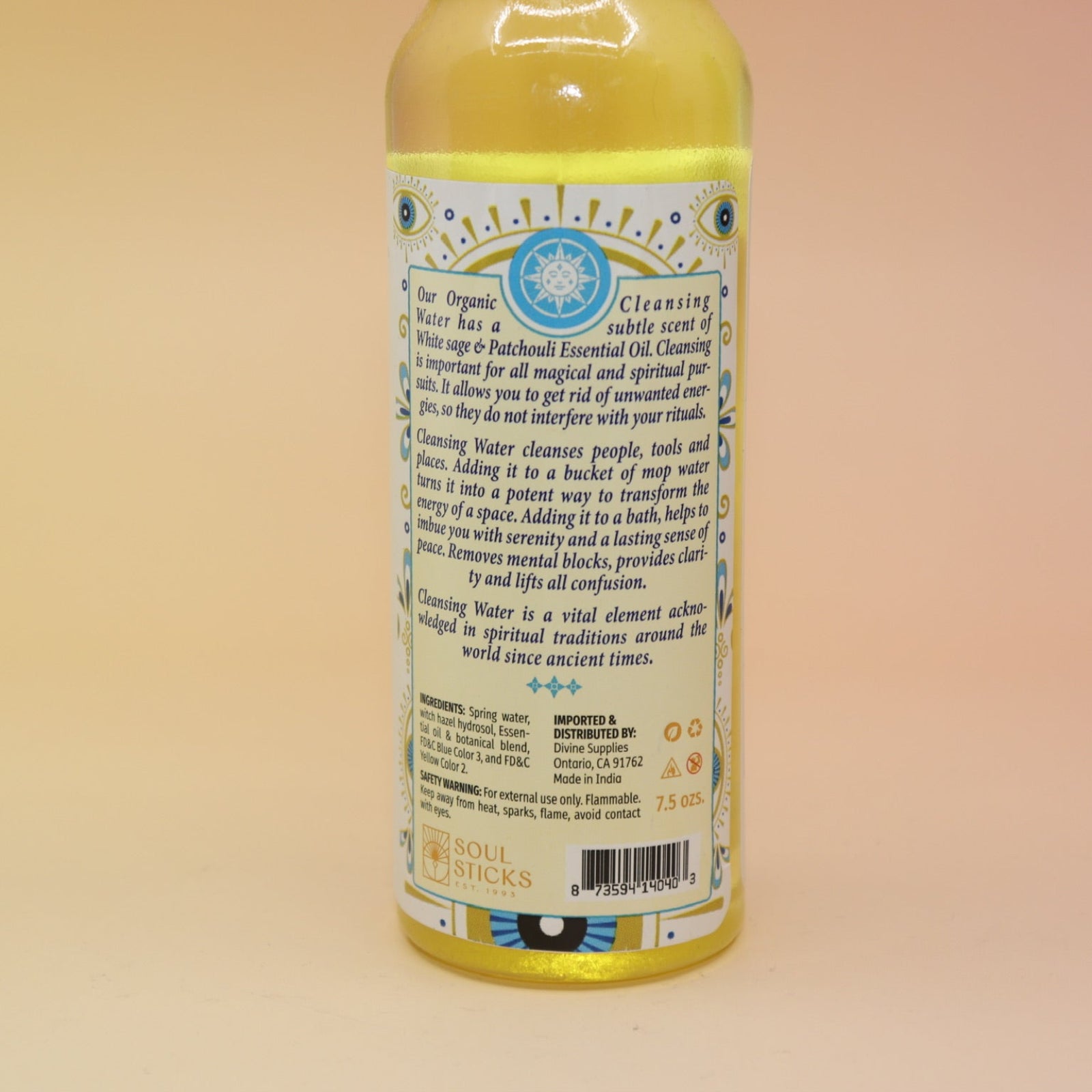 The back of the Go Away Evil Spiritual Cleansing Water 7.5 oz on a pink and yellow background.