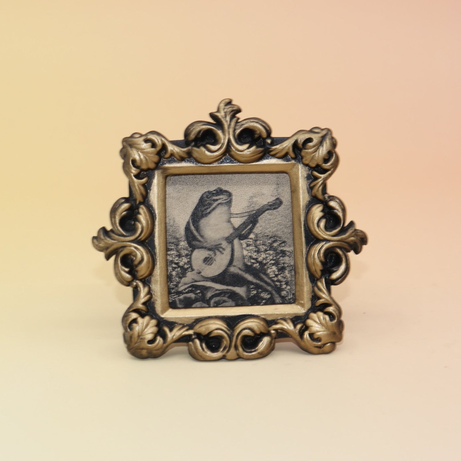 The Frog Mini Vintage Framed Print on a pink and yellow background.