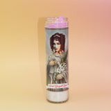 The Saint Chappell Roan Devotional Prayer Candle on a pink and yellow background.