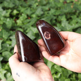 Someone holding two of the Red Tiger's Eye Freeform pieces in front of a green nature background.