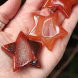Someone holding three Carnelian Crystal Stars for Confidence & Motivation in front of a green nature background.