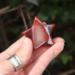Someone holding a Carnelian Crystal Star for Confidence & Motivation in front of a green nature background.