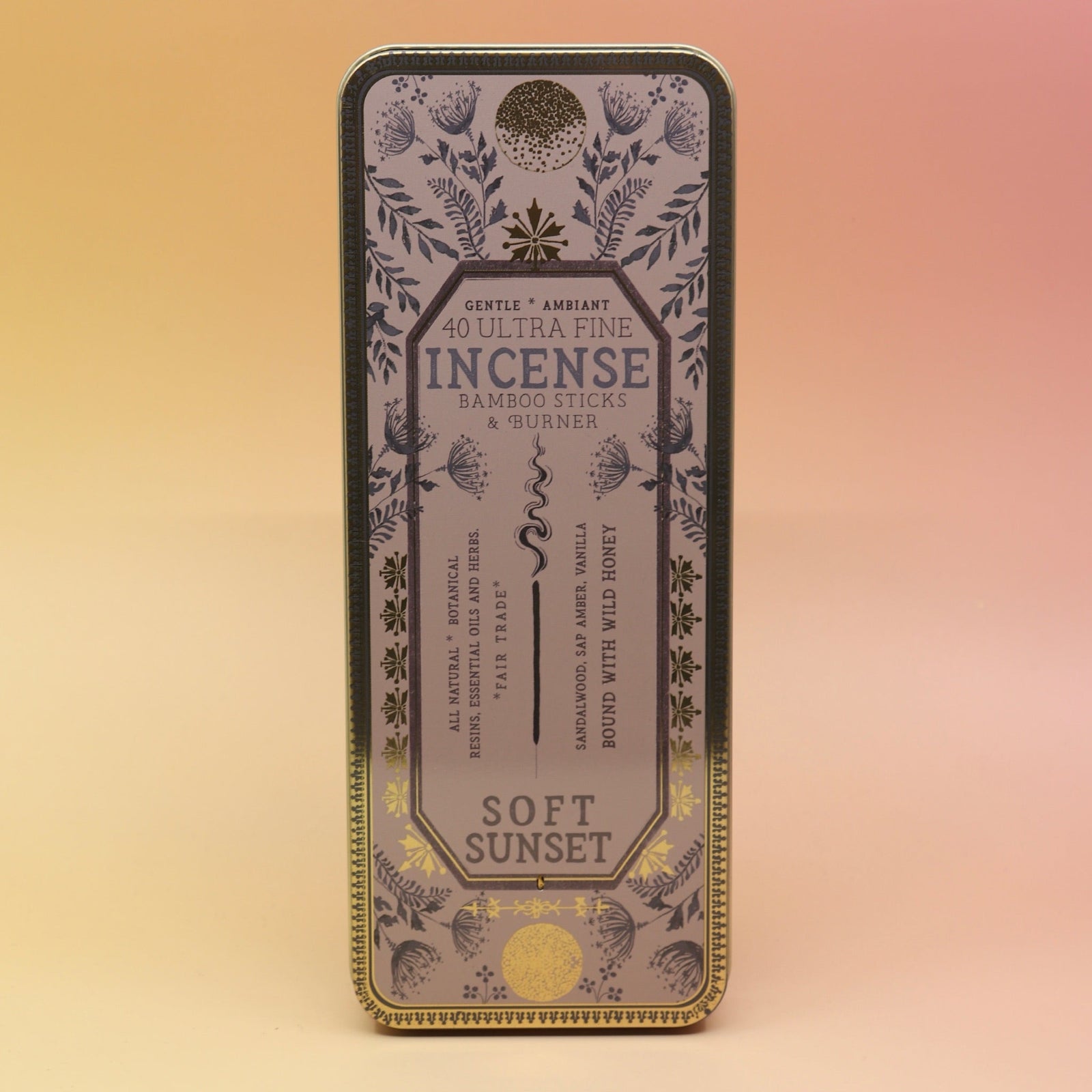 The Soft Sunset Premium Incense on a pink and yellow background.