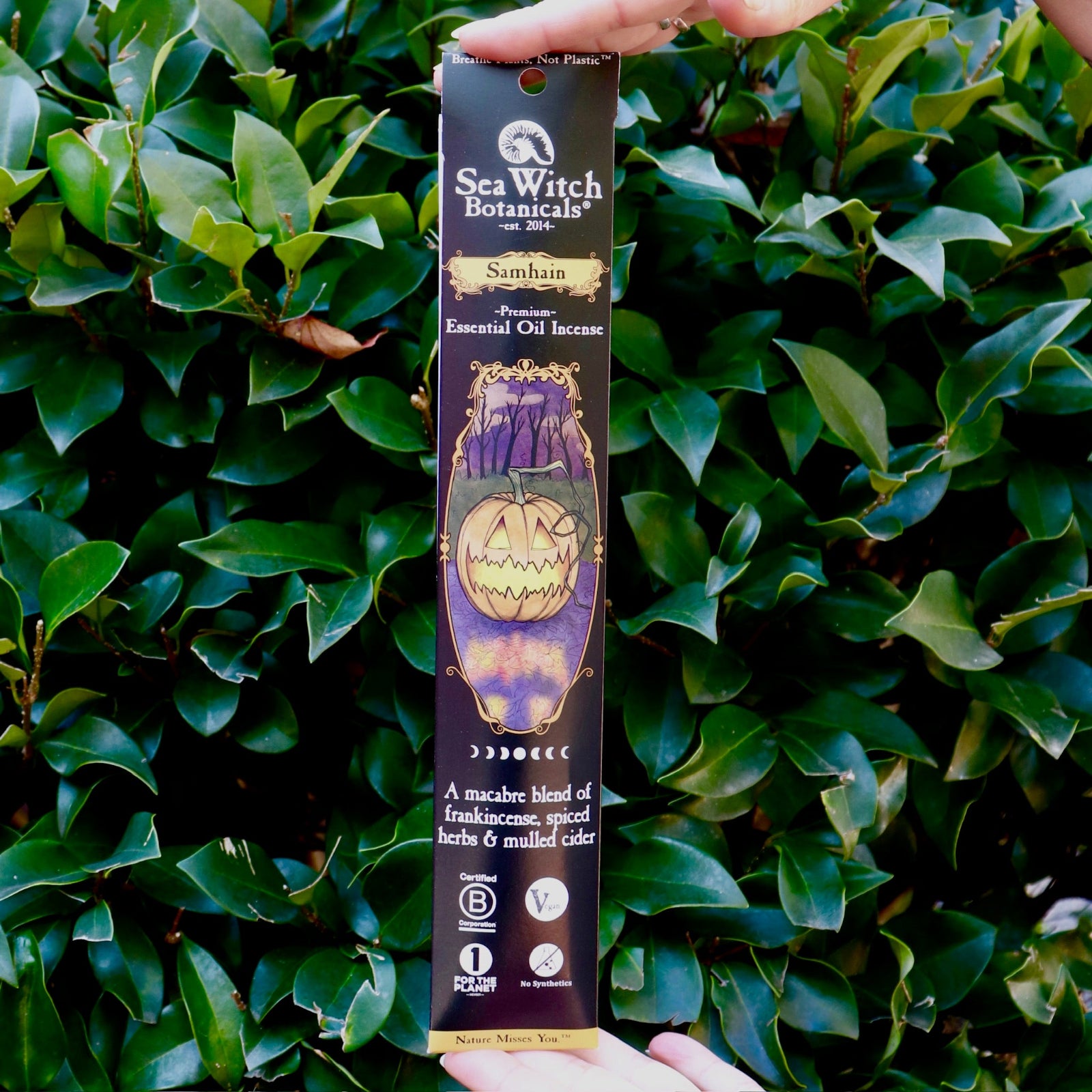Someone holding the Samhain Premium Incense in front of greenery.