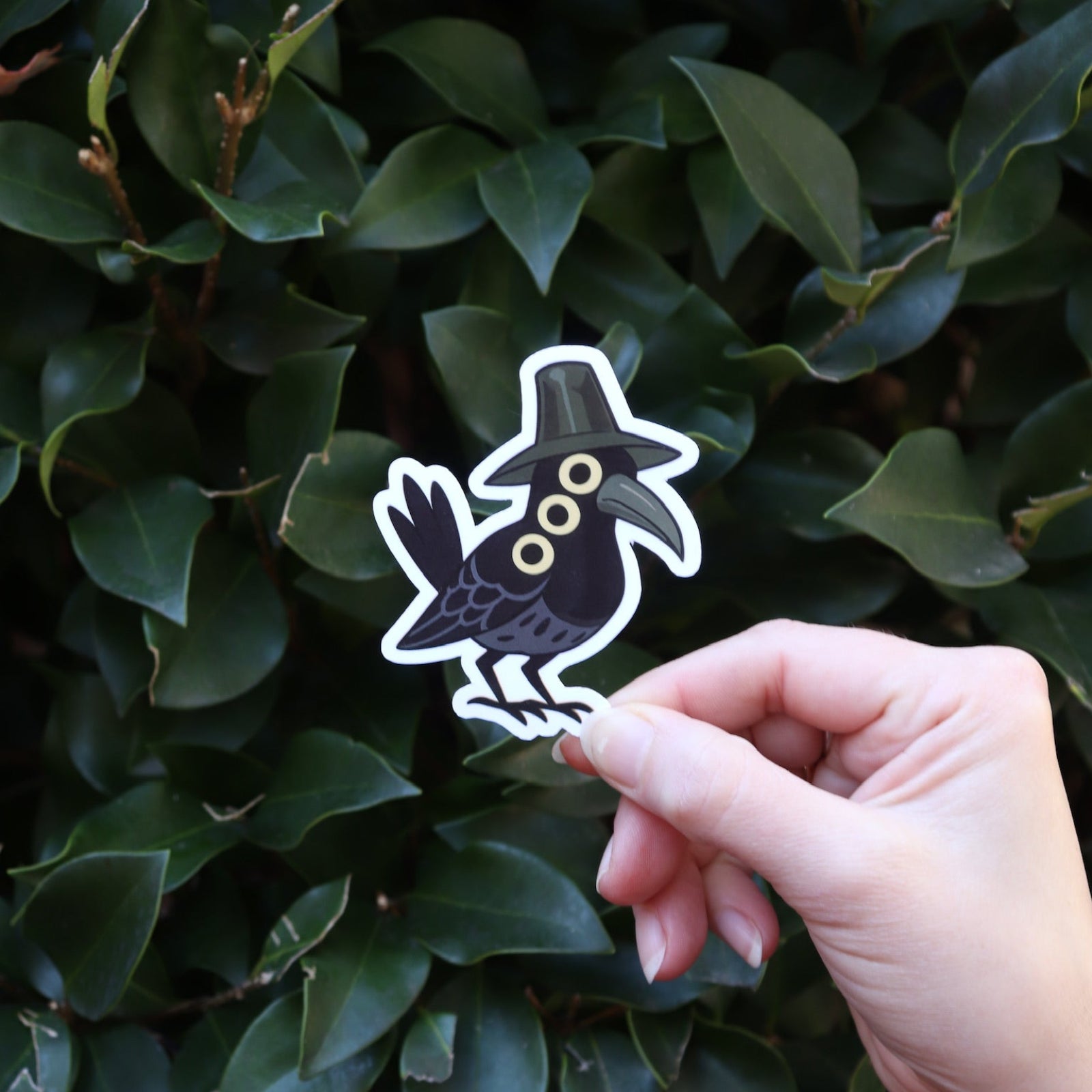 Someone holding the Sussie the Magpie KPop Demon Hunter Inspired Sticker in front of a green bush.