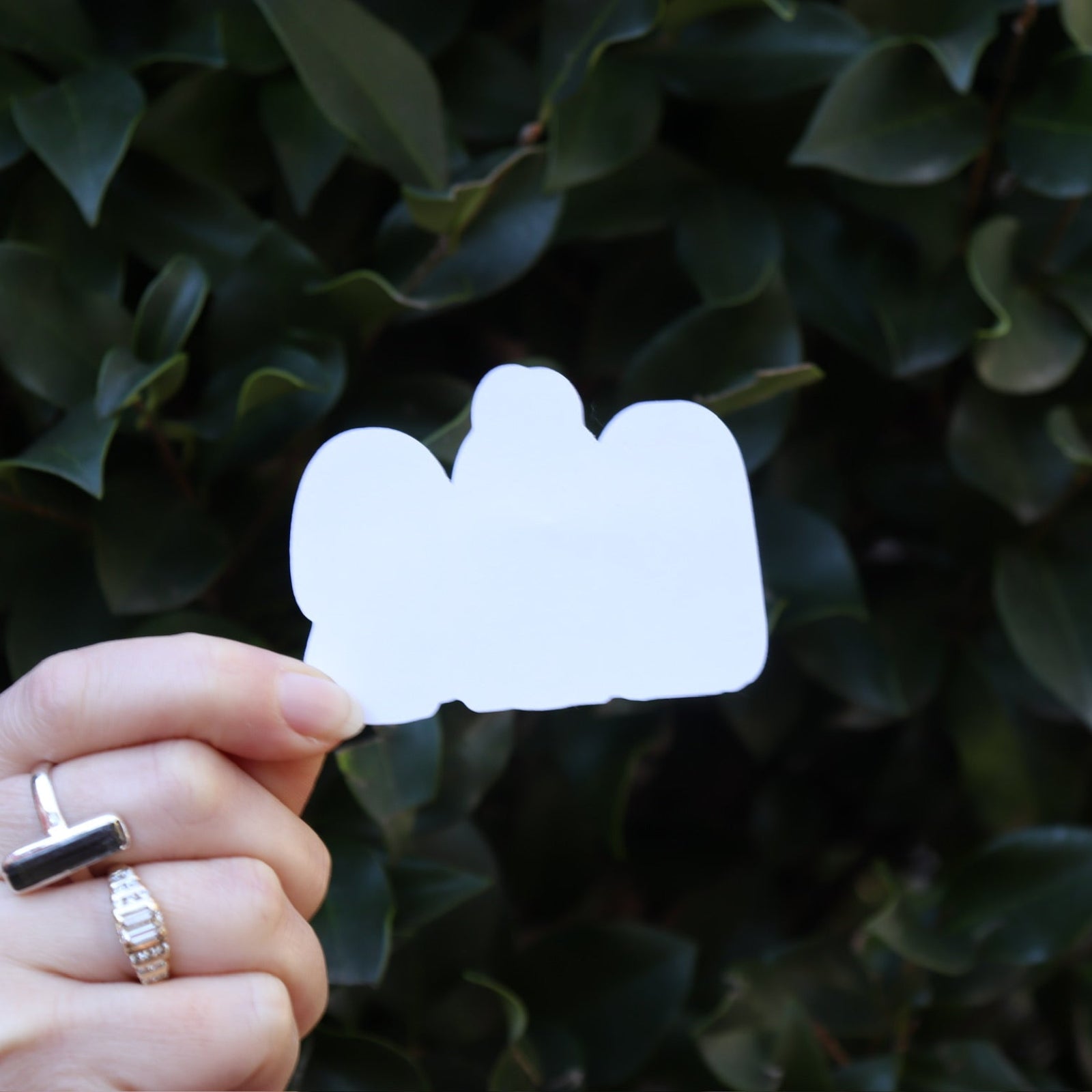 Someone holding the Huntrix Ramen KPop Demon Hunters Inspired Sticker in front of a green bush, showing off the back.