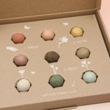 The Colorful Xmas Wildflower Seed Bomb Balls Set open on a pink and yellow background.