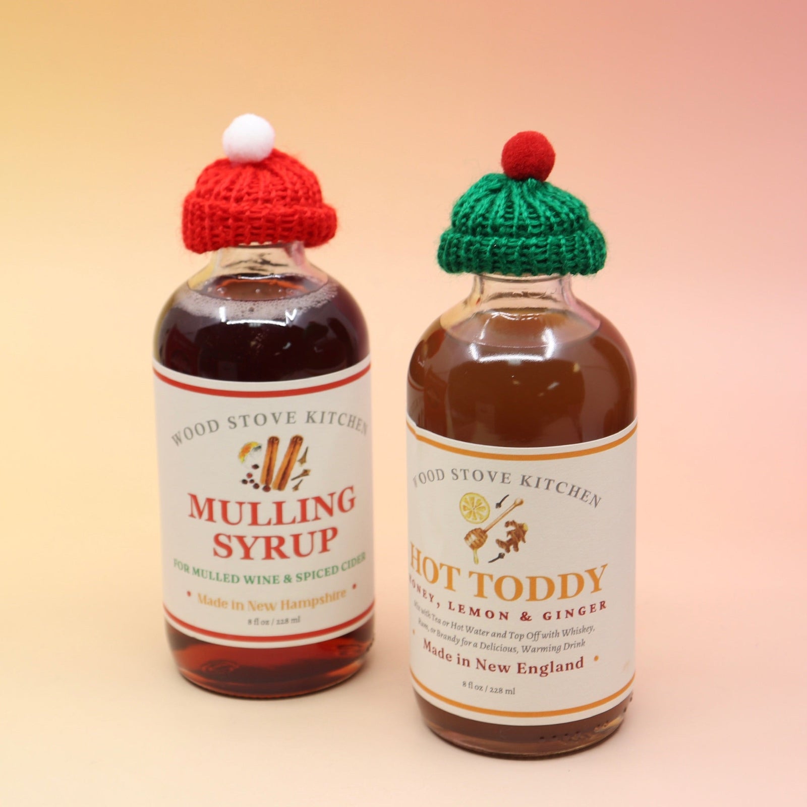 Two bottles with the Mini Knit Cap for Bottles Caps on them.