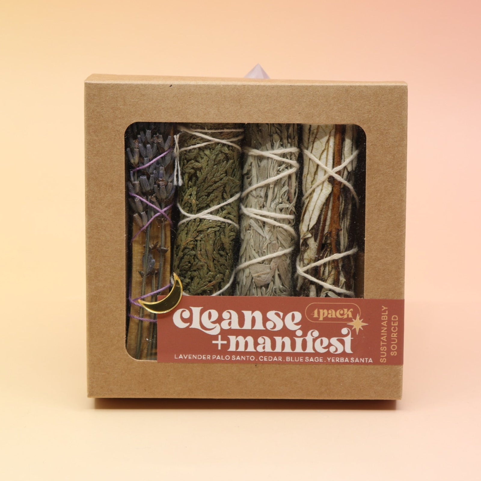 The Cleanse & Manifest Smudge Bundle Kit on a pink and yellow background.