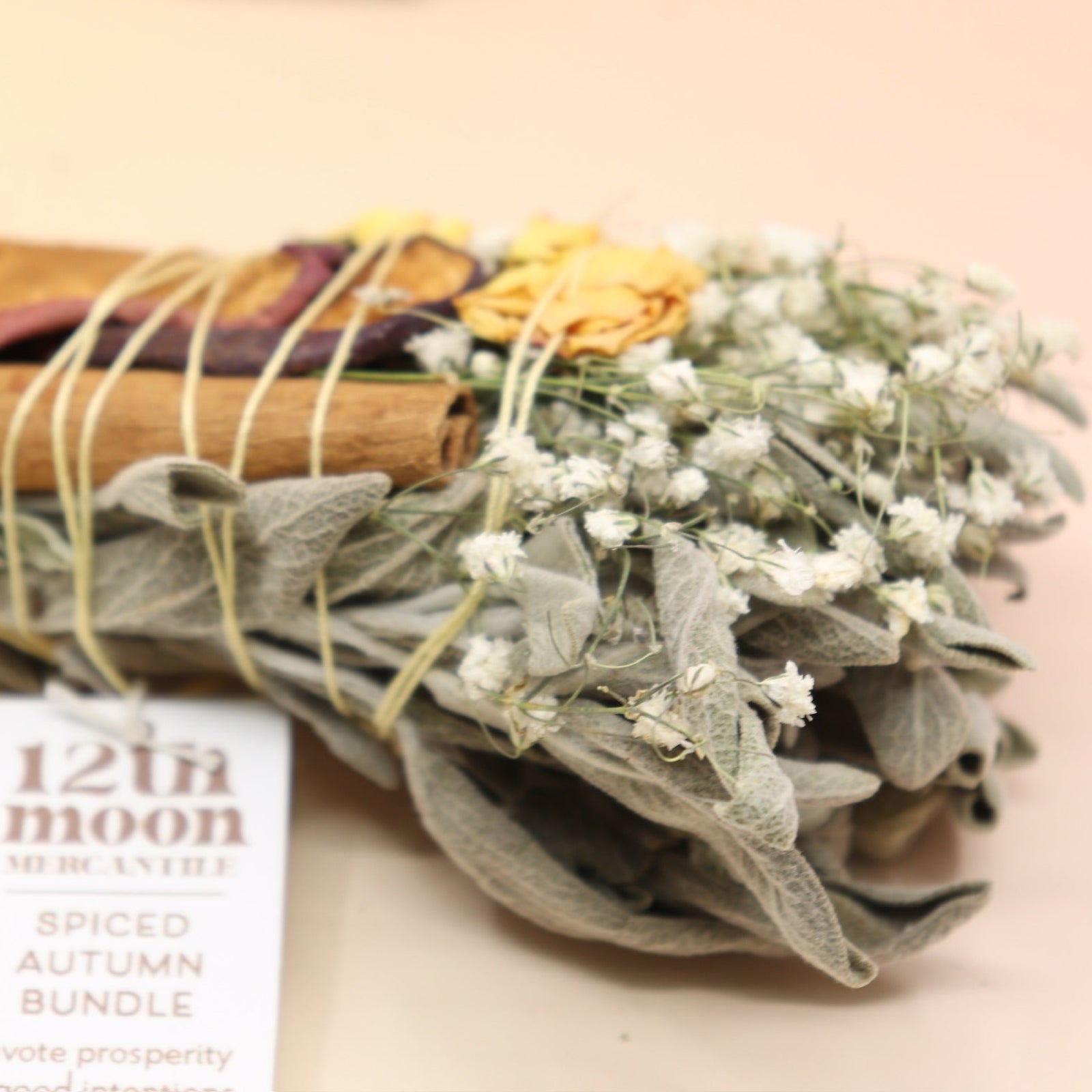 The Spiced Autumn Cleansing Smudge Bundle on a pink and yellow background.