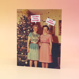 The Act Like We're Not High Christmas Card on a pink and yellow background.