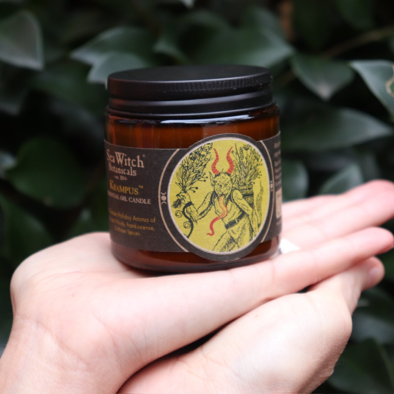 Someone holding the Krampus Soy Wax 3 oz Candle in front of a green bush.