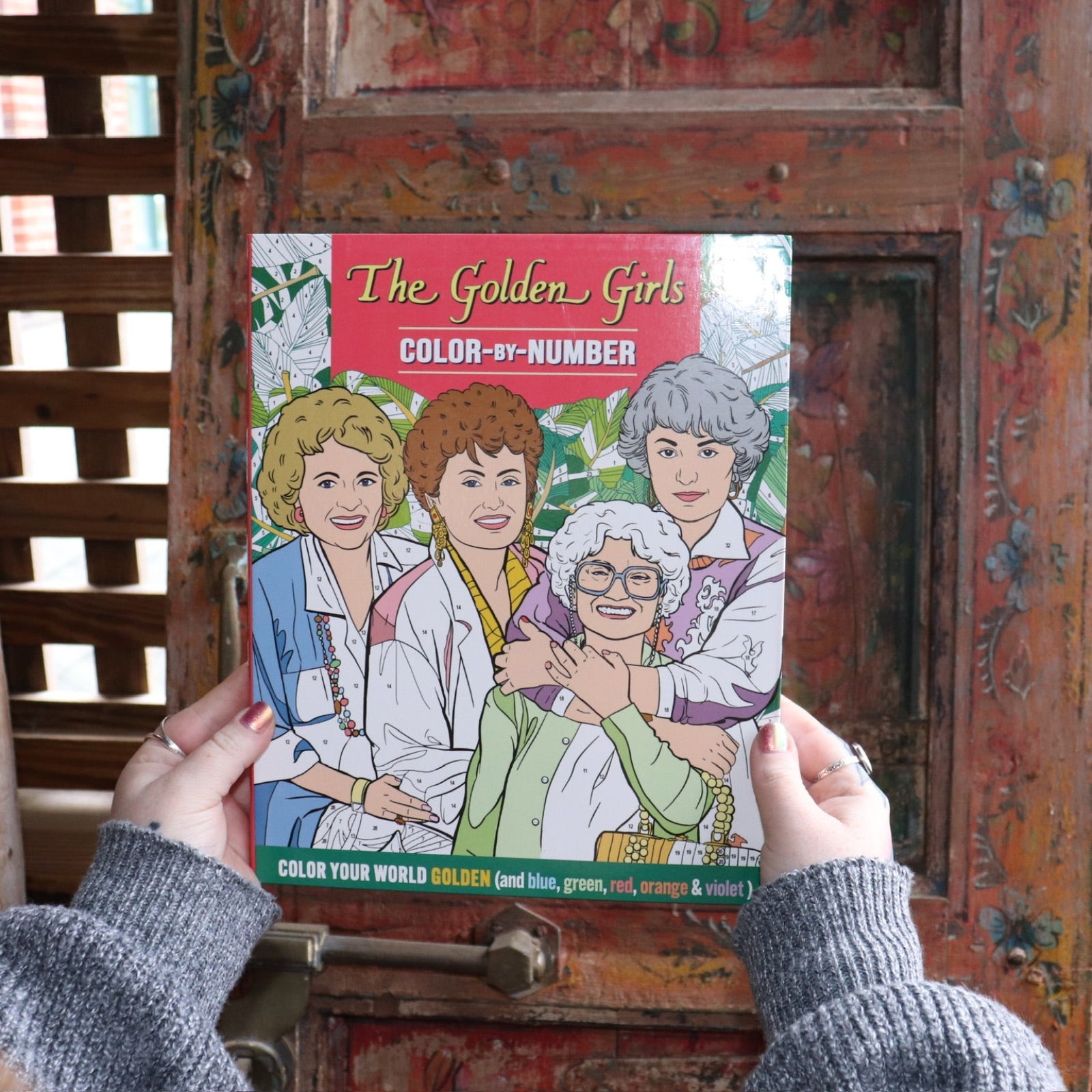 Someone holding the Golden Girls Color-by-Number Coloring Book in front of a wooden background.