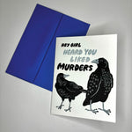 The Murder True Crime Crows Letterpress Greeting Card on a gray background.