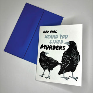 The Murder True Crime Crows Letterpress Greeting Card on a gray background.