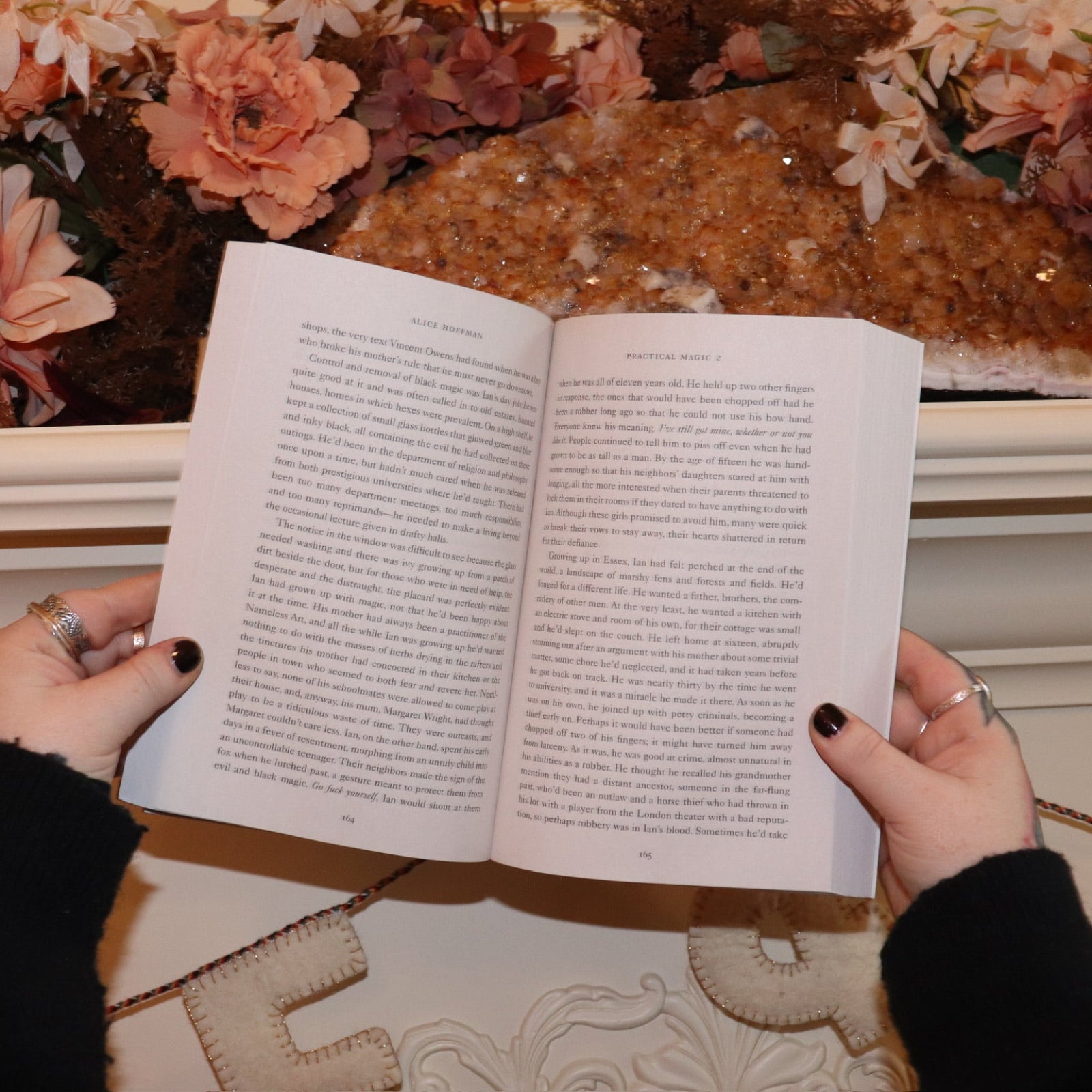 Someone holding the Practical Magic 2 Book of Magic open in front of a white background with a large citrine piece.