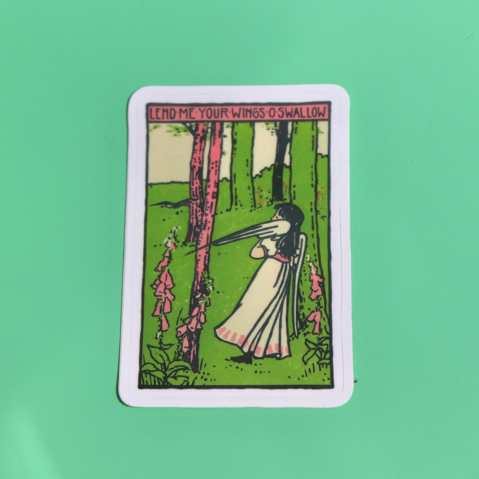 The Lend Me Your Wings O Swallow 3 Inch Sticker on a green background.