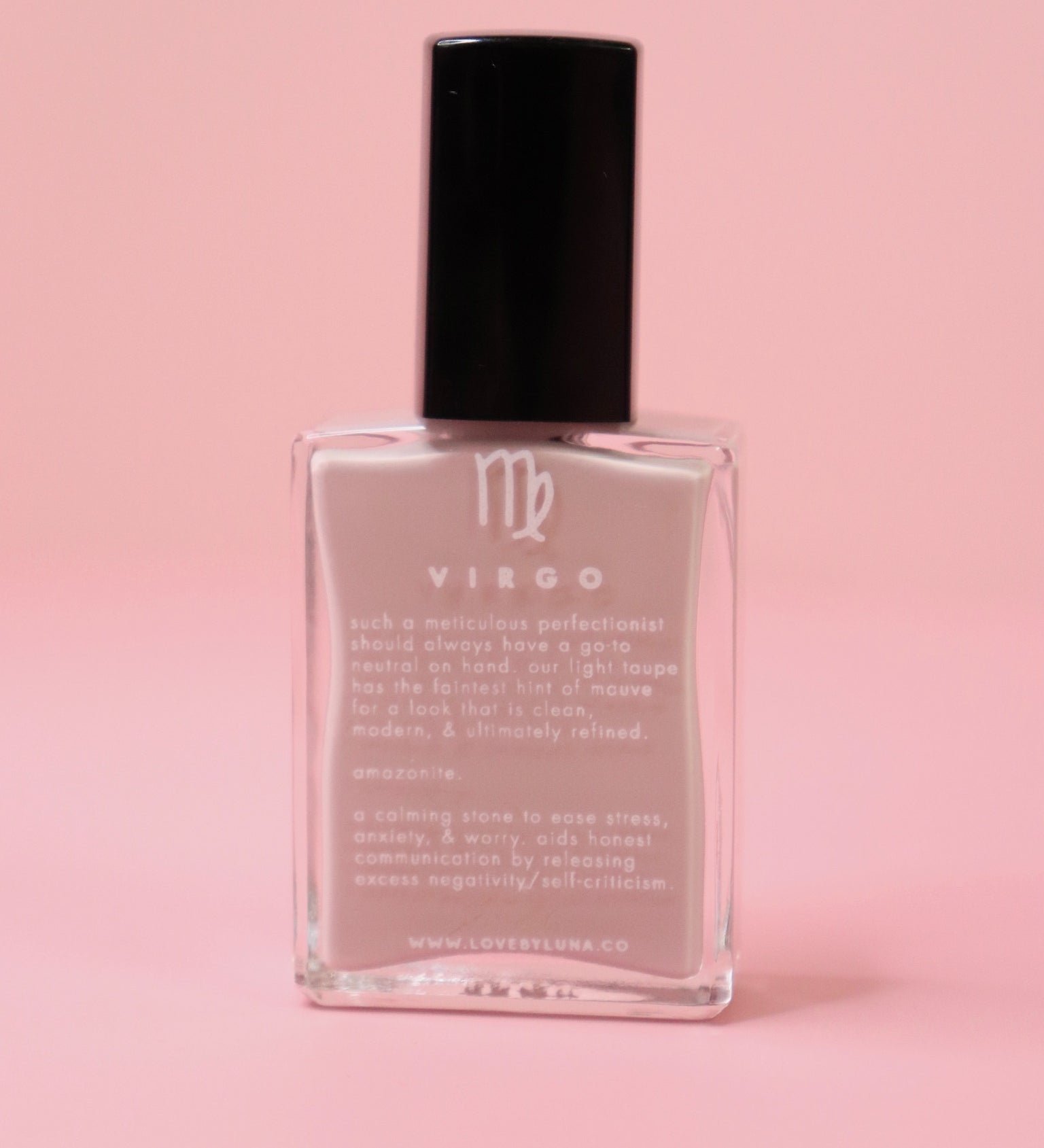The Virgo Zodiac Nail Polish with Micronized Amazonite on a pink background.