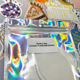 The back of the Fun Mystery Sticker Bag on a pink background with stickers surrounding it.