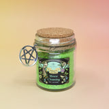 The House Cleansing Ritual Spell Powder Jar - 3.5 oz on a pink and yellow background.