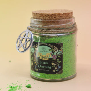 The House Cleansing Ritual Spell Powder Jar - 3.5 oz on a pink and yellow background.