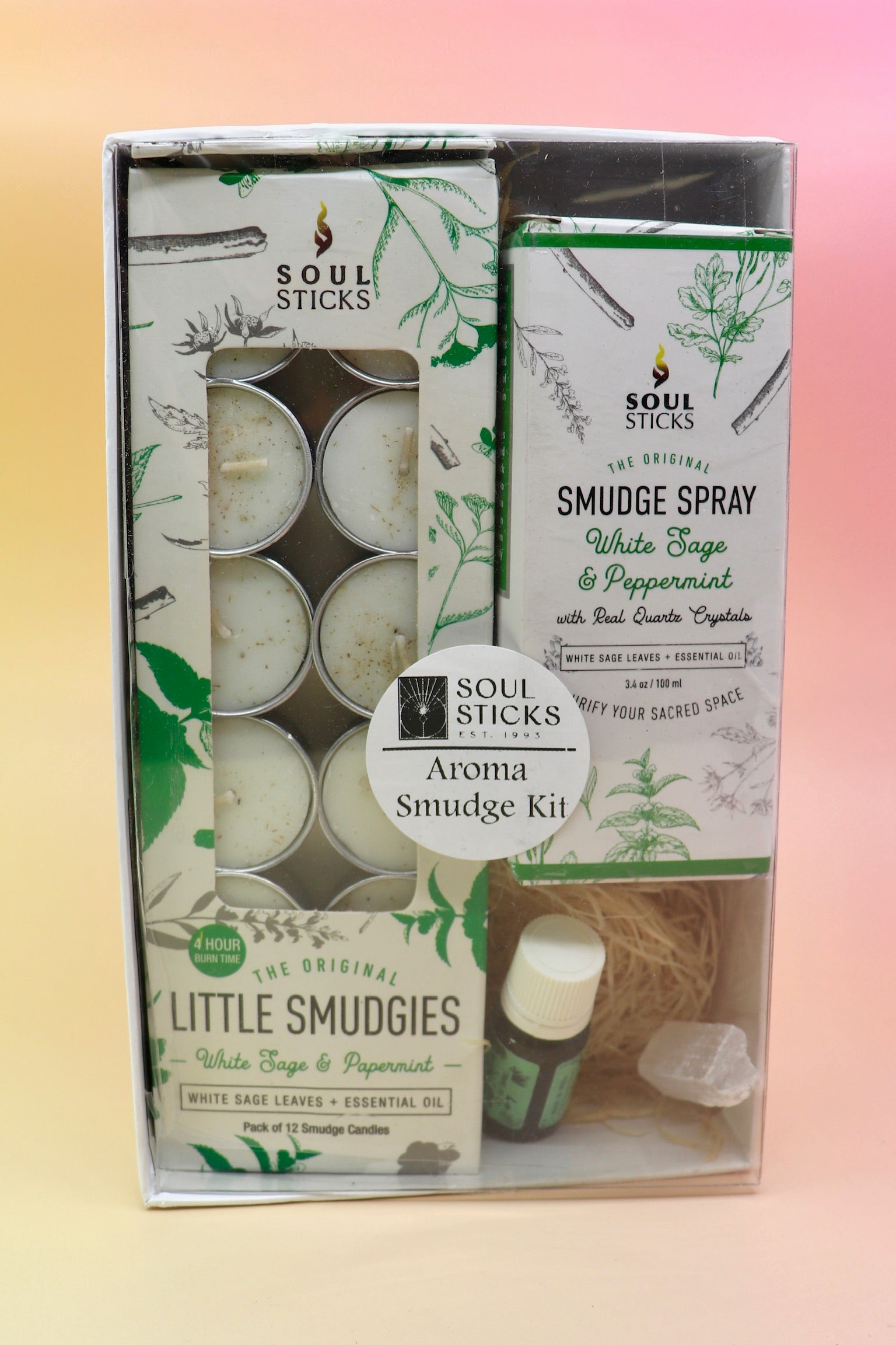 The Peppermint Aroma Smudge Kit on a pink and yellow background.