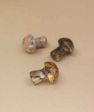 3 Mini Crystal Gemstone Mushrooms on orange background