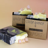 Three Rock Goddess - Exfoliating Bar Soaps on a peach-colored background.