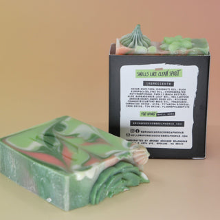 Two of the Pearlgarden - Protecting Aloe Vera Soaps on a peach-colored background.