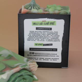 Two of the Pearlgarden - Protecting Aloe Vera Soaps on a peach-colored background.
