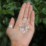 Someone holding multiple Herkimer Diamond Stones in front of a green nature background.