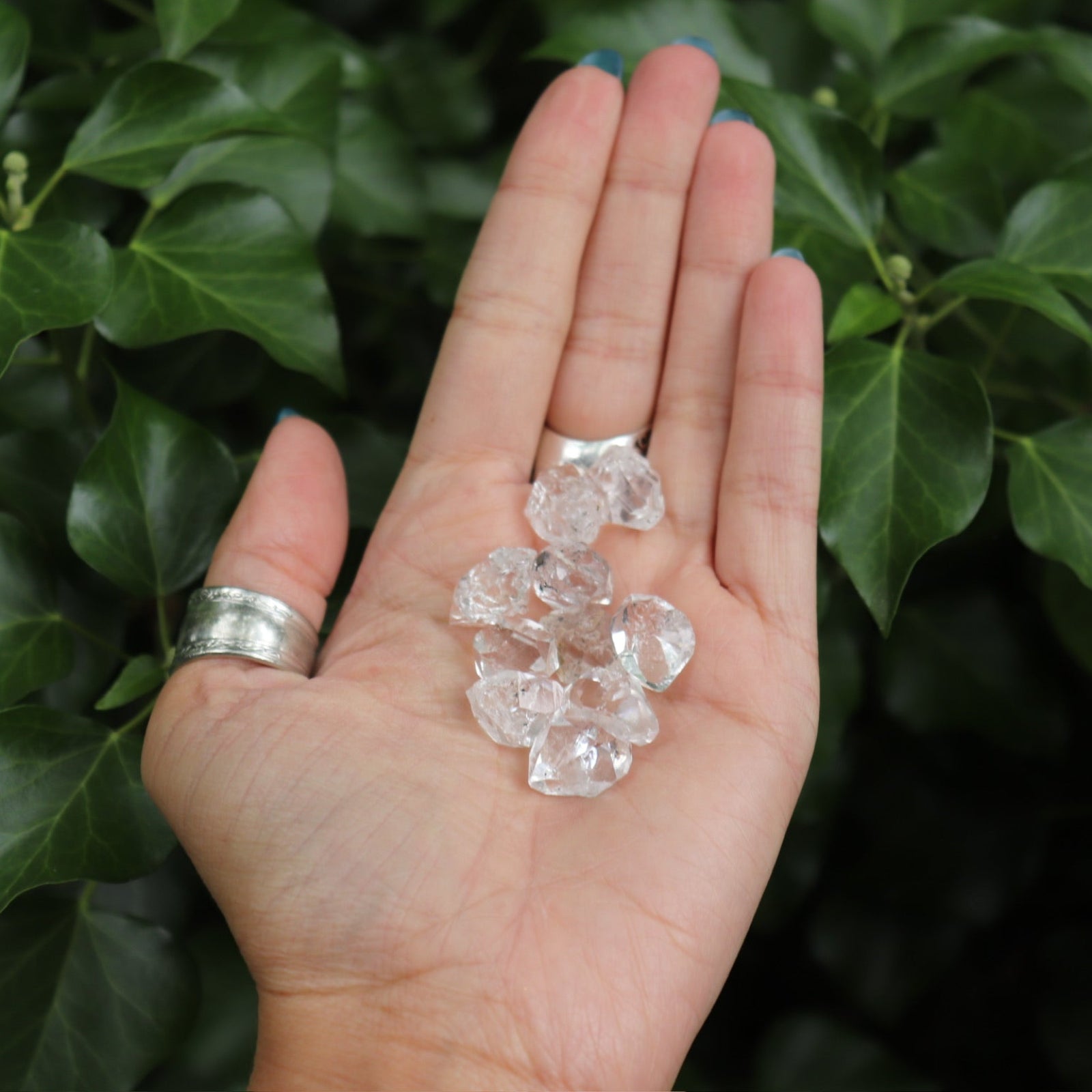 Someone holding multiple Herkimer Diamond Stones in front of a green nature background.
